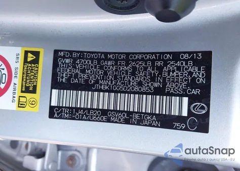 2013 Lexus Es 350 z USA, uszkodzony, nr VIN JTHBK1GG5D2080853